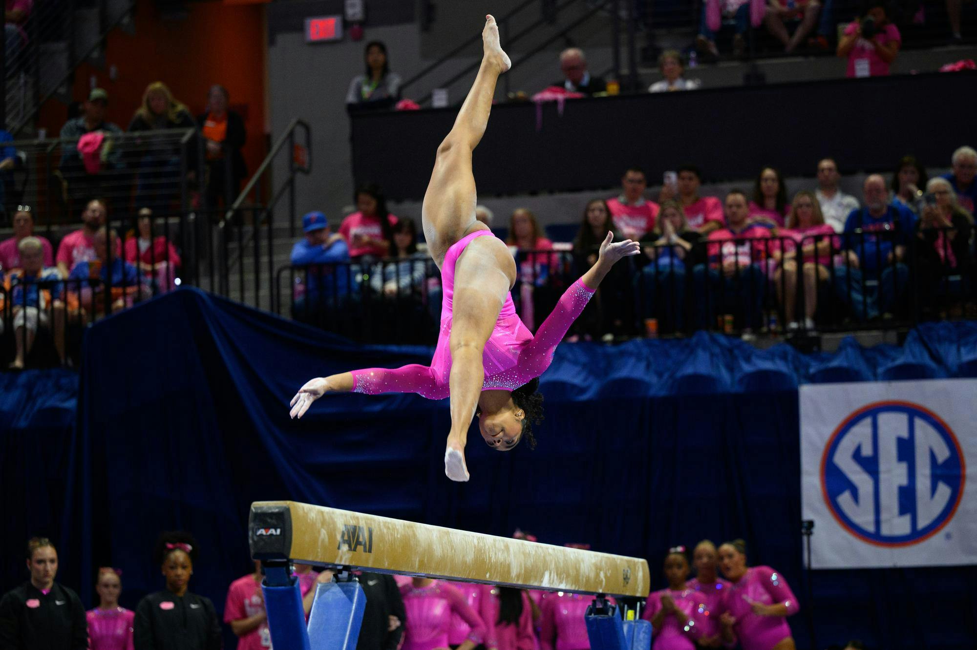 Florida gymnast eMjae Frazier performs on the beam during an NCAA gymnastics meet against Oklahoma, Friday, Feb. 13, 2026, in Gainesville, Fla.