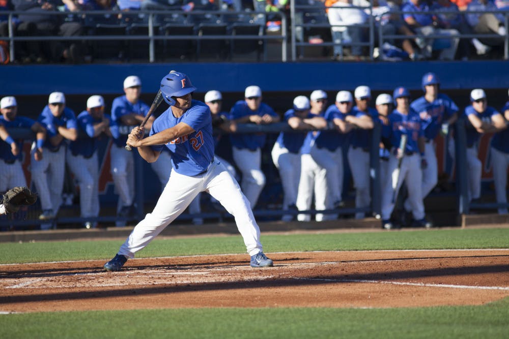 Nelson Maldonado prepares to swing during Florida's 3-2 loss against Tennessee on April 8, 2017, at McKethan Stadium.