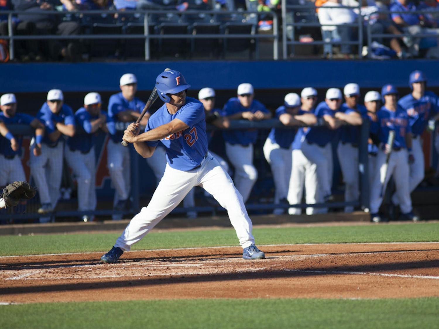 Nelson Maldonado prepares to swing during Florida's 3-2 loss against Tennessee on April 8, 2017, at McKethan Stadium.