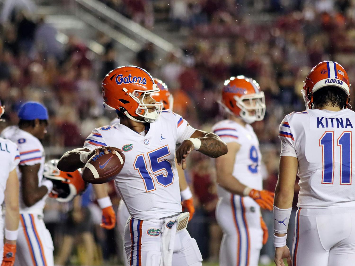Florida quarterback Anthony Richardson throws a pass between plays during the Gators game against Florida State Friday, Nov. 25, 2022.