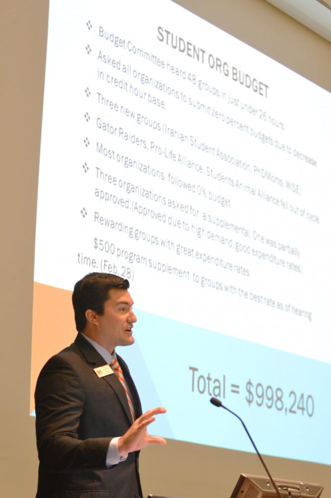 Sen. Davis Bean, the chair of the budget and appropriations committee, talks Tuesday evening about the academic and student organizational budget for the 2014-2015 fiscal year.