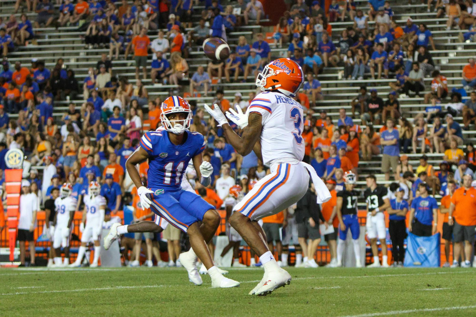 Florida receiver Xzavier Henderson catches a punt during the Gators' Orange and Blue Game Thursday, April 13, 2023.