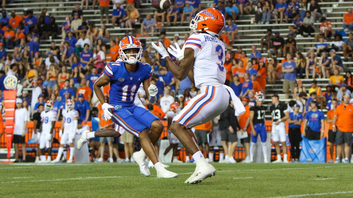 Florida receiver Xzavier Henderson catches a punt during the Gators' Orange and Blue Game Thursday, April 13, 2023.