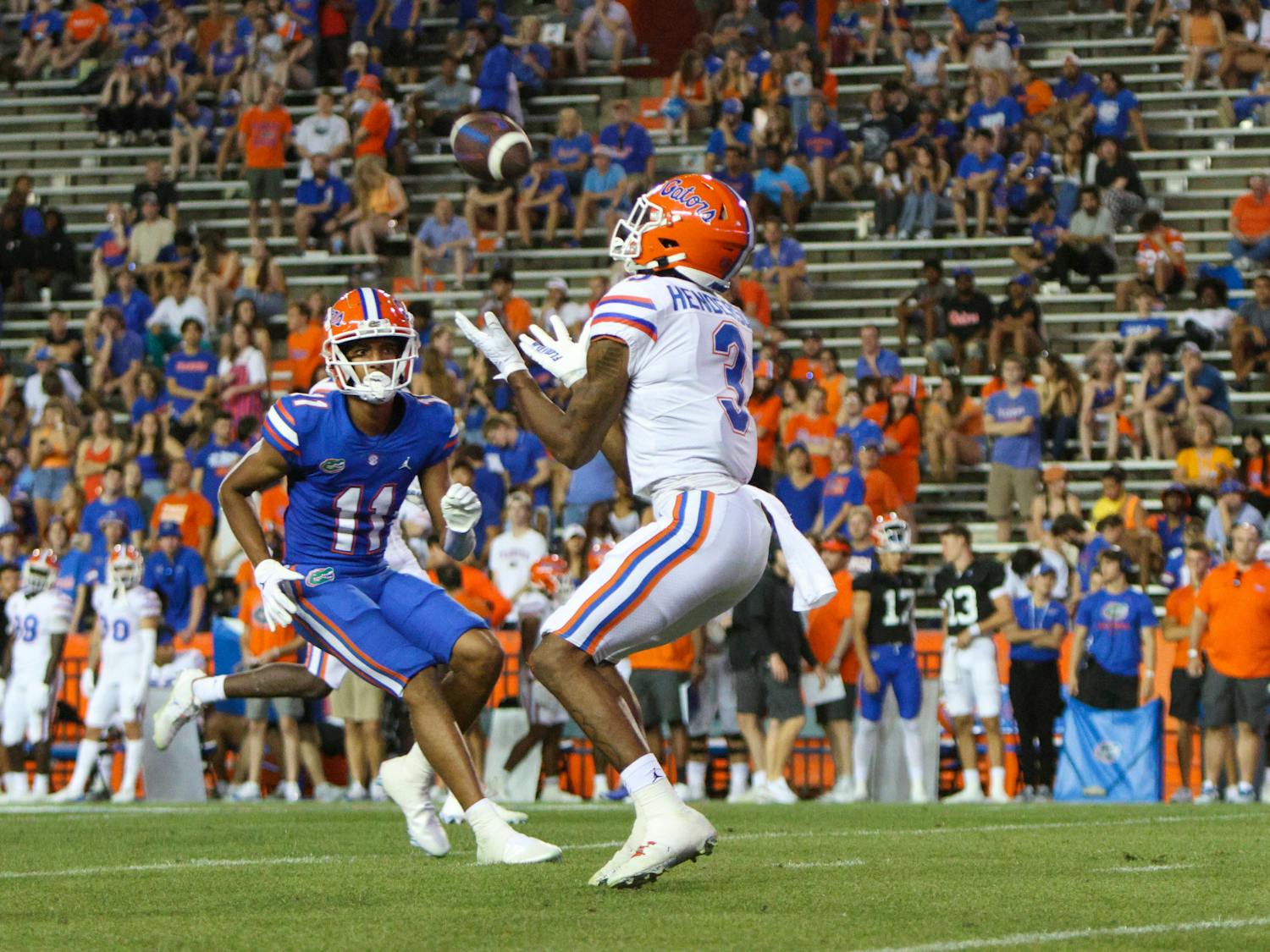 Florida receiver Xzavier Henderson catches a punt during the Gators' Orange and Blue Game Thursday, April 13, 2023.