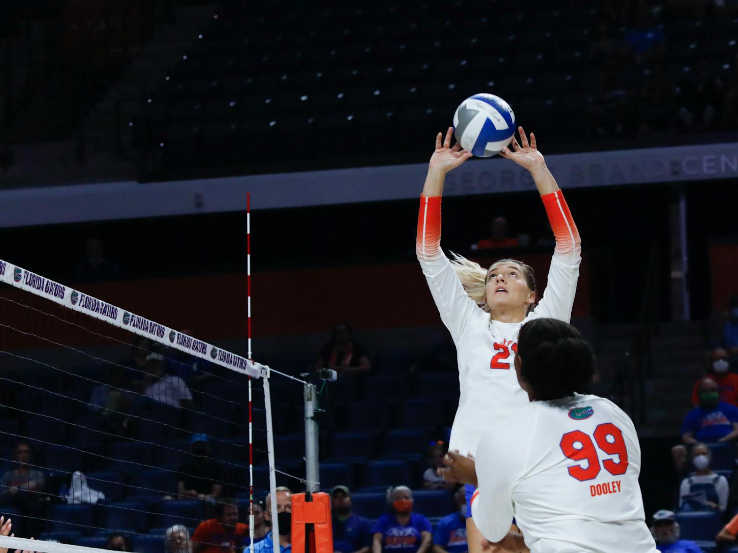 Florida's Marlie Monserez sets the ball for a teammate during a game against Texas A&M on October 16.