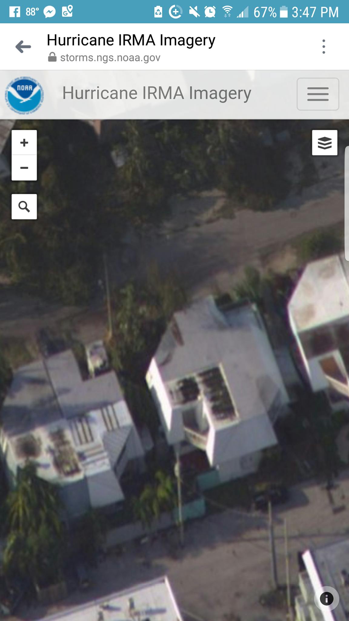 National Oceanic and Atmospheric Administration satellite images show Eric Higbie's Key West home home, center. The photo is the only way his family can judge the property's damage until they return to the island.