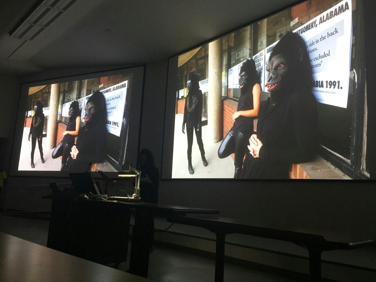 Artist “Frida Kahlo” talks to more than 600 audience members in Carleton Auditorium about the founding of Guerrilla Girls and women in the art world. The Guerrilla Girls exhibit is currently being shown at the Samuel P. Harn Museum of Art.
