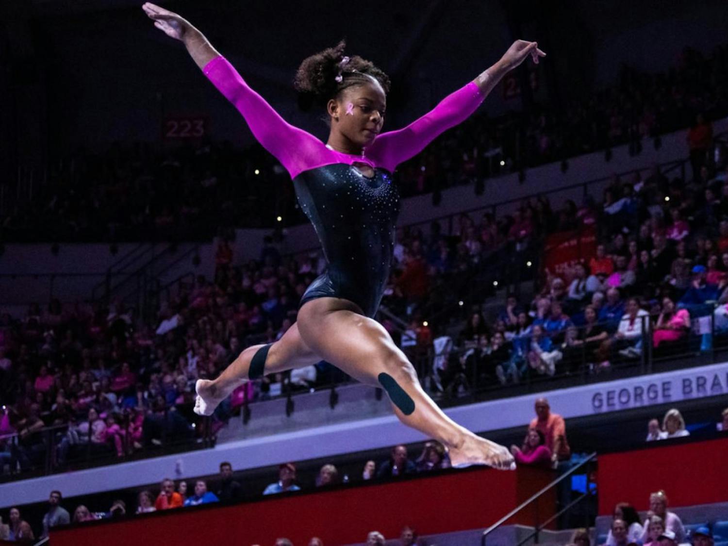 The team is led by junior standout Trinity Thomas, pictured above. She was a finalist for the Honda Award, which is given to the best collegiate gymnast in the country.