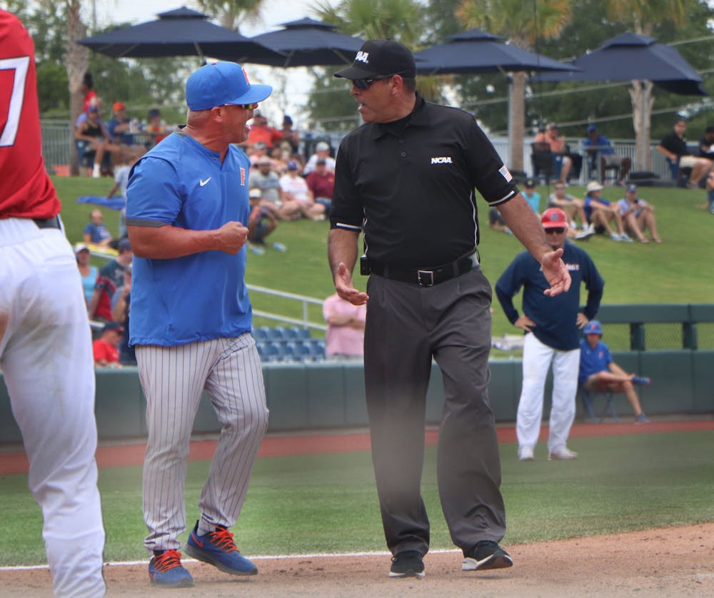 <p>Florida&#x27;s Kevin O&#x27;Sullivan yells at an umpire  during the Gators&#x27; loss to South Alabama June 5, 2021. Florida fell to Tennessee on Friday night, losing 9-2.</p>