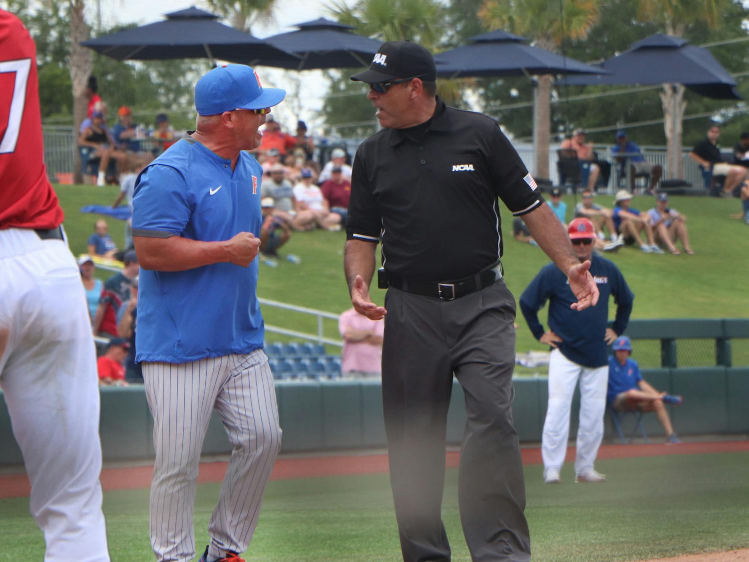 Florida&#x27;s Kevin O&#x27;Sullivan yells at an umpire  during the Gators&#x27; loss to South Alabama June 5, 2021. Florida fell to Tennessee on Friday night, losing 9-2.