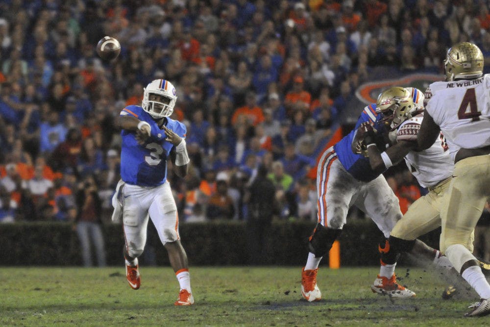 UF quarterback Treon Harris passes during Florida's 27-2 loss to Florida State on Nov. 28, 2015, at Ben Hill Griffin Stadium.