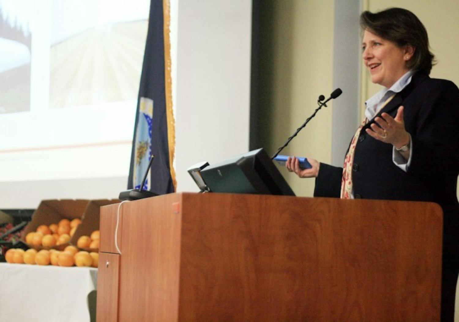 U.S. Department of Agriculture Deputy Secretary Kathleen Merrigan speaks about agriculture and its importance in the U.S. at the Straughn Extension Professional Development Center on Thursday night.