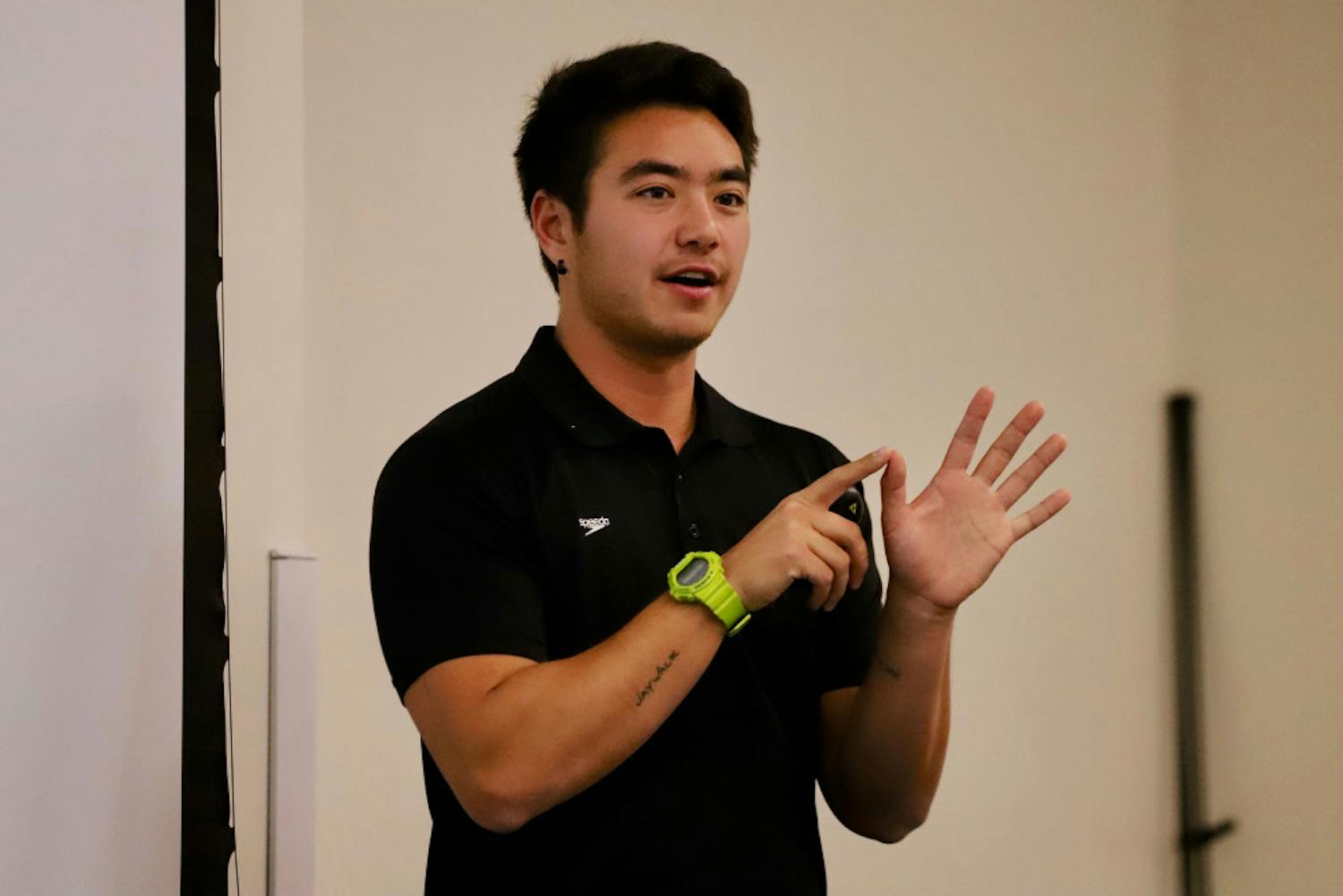 Schuyler Bailar, 23, the first Division 1 NCAA trans-athlete speaks about his life Friday to students. His speech marked the culmination of events put on by Pride Student Union celebrating National Coming Out Day.