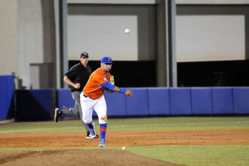 <p>Mike Rivera throws a ball during Florida's 5-4 win over North Florida on March 9, 2016, at McKethan Stadium.</p>