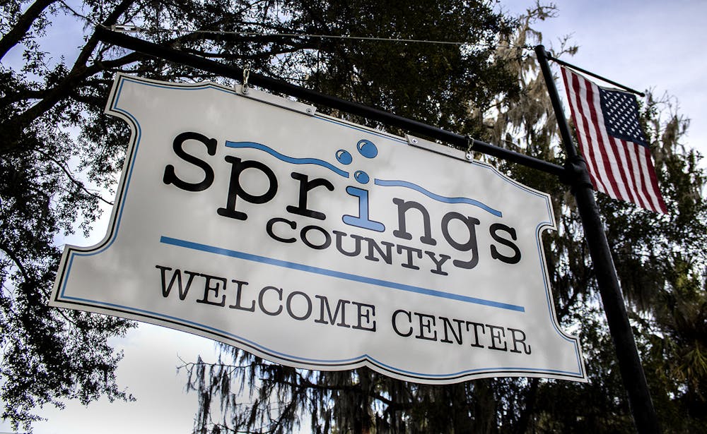Photo of the the welcome center sign for proposed Springs County. The county would incorporate Newberry, High Springs, Alachua, Archer and Lacrosse in its territory. 