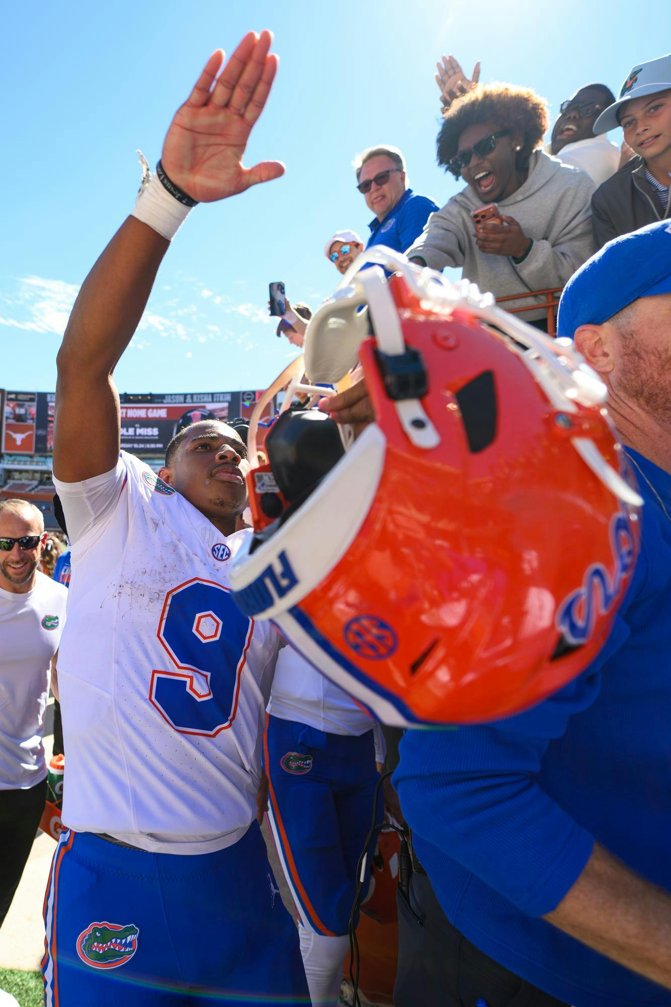 Florida quarterback Tramell Jones Jr. (9) celebrates after winning an NCAA college football game against Texas, Saturday, Oct. 17, 2026, in Austin, Texas.