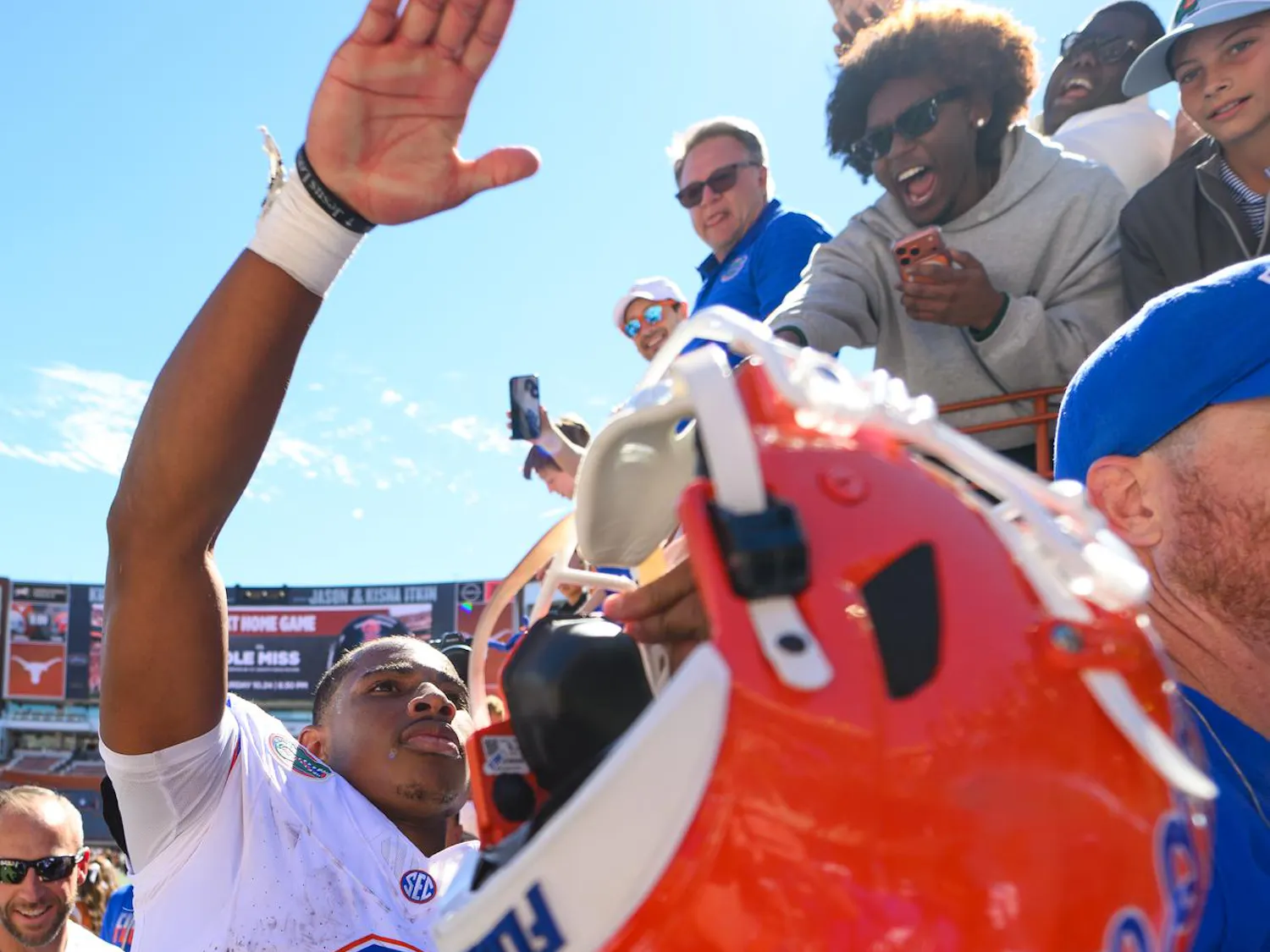 Florida quarterback Tramell Jones Jr. (9) celebrates after winning an NCAA college football game against Texas, Saturday, Oct. 17, 2026, in Austin, Texas.