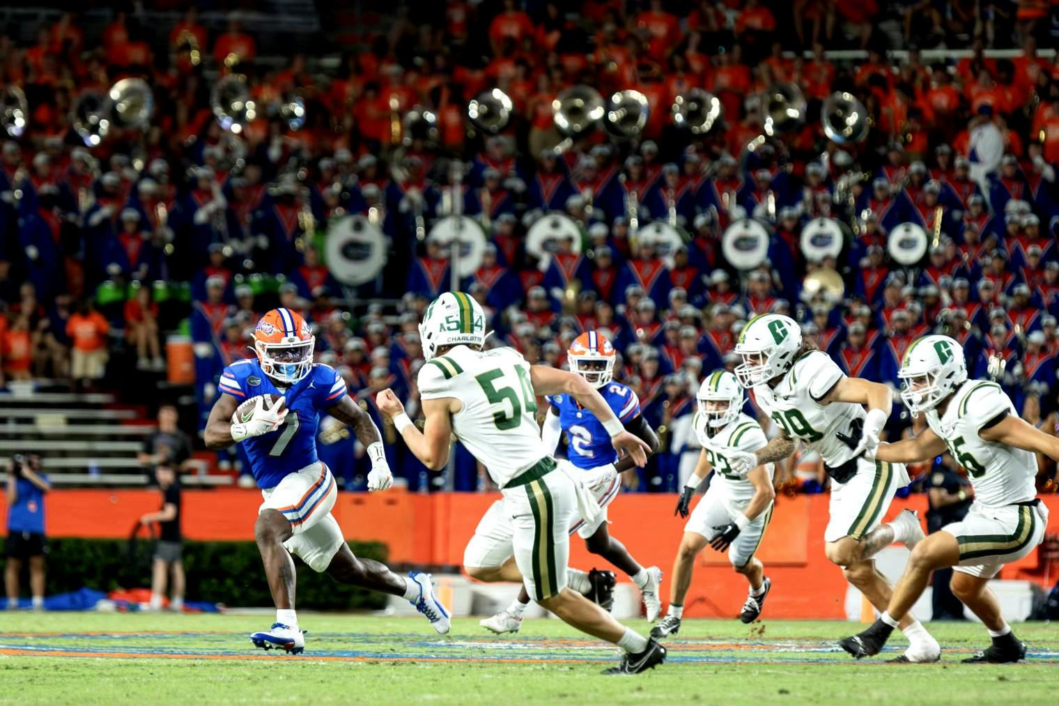 Sophomore running back Trevor Etienne runs the ball in the Gators' 22-7 win against the Charlotte 49ers Saturday, Sept. 23, 2023.