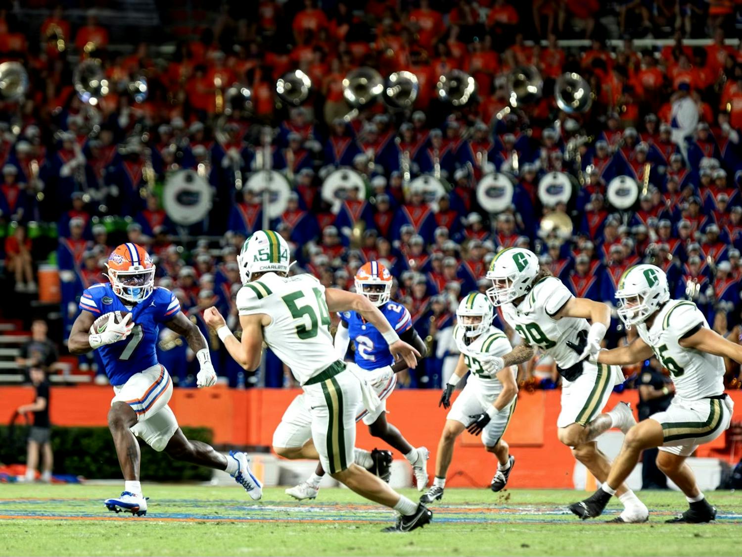 Sophomore running back Trevor Etienne runs the ball in the Gators' 22-7 win against the Charlotte 49ers Saturday, Sept. 23, 2023.