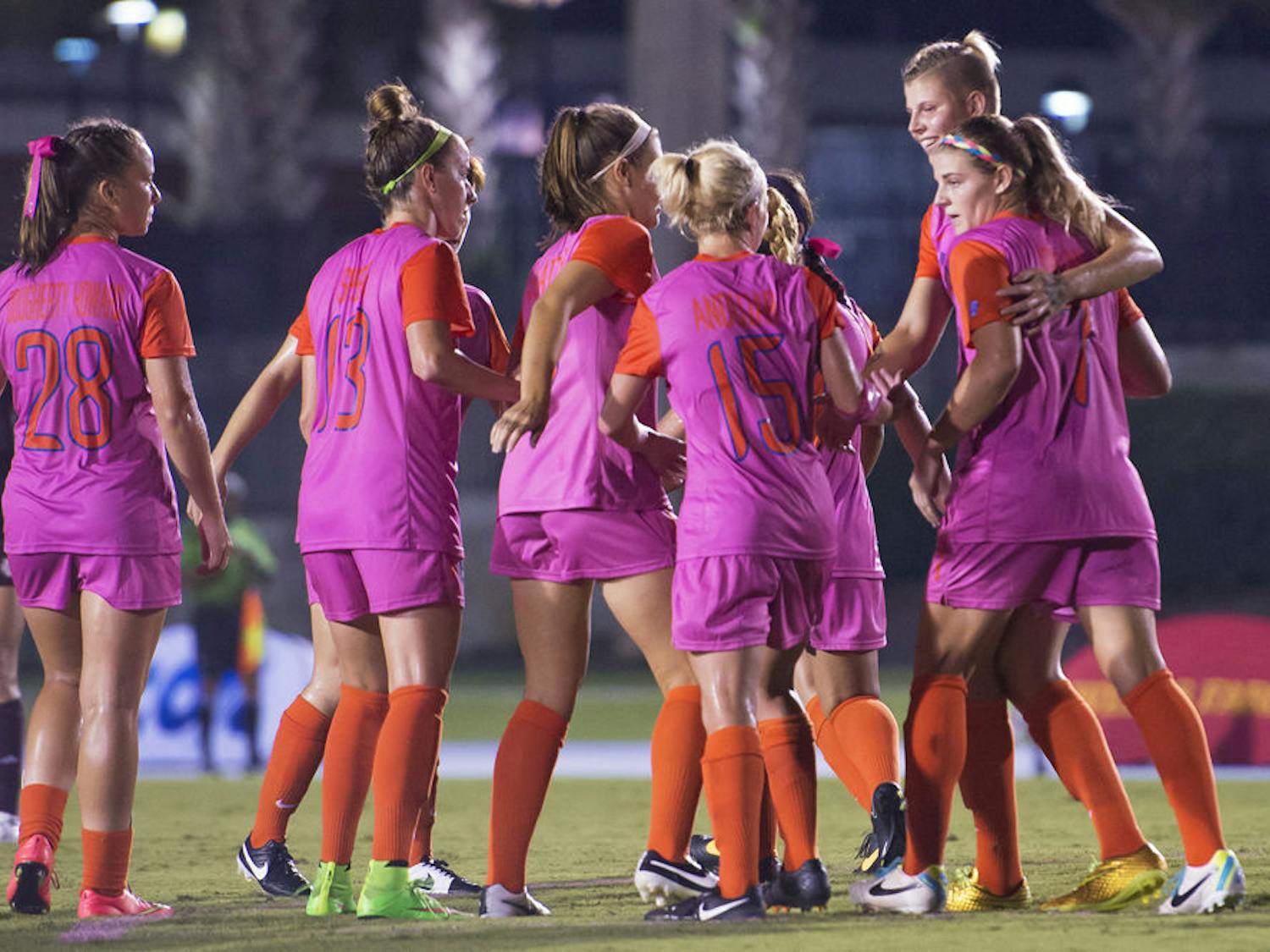 UF soccer players celebrate a goal during Florida's 5-1 win against Mississippi State on Friday at James G. Pressly Stadium.