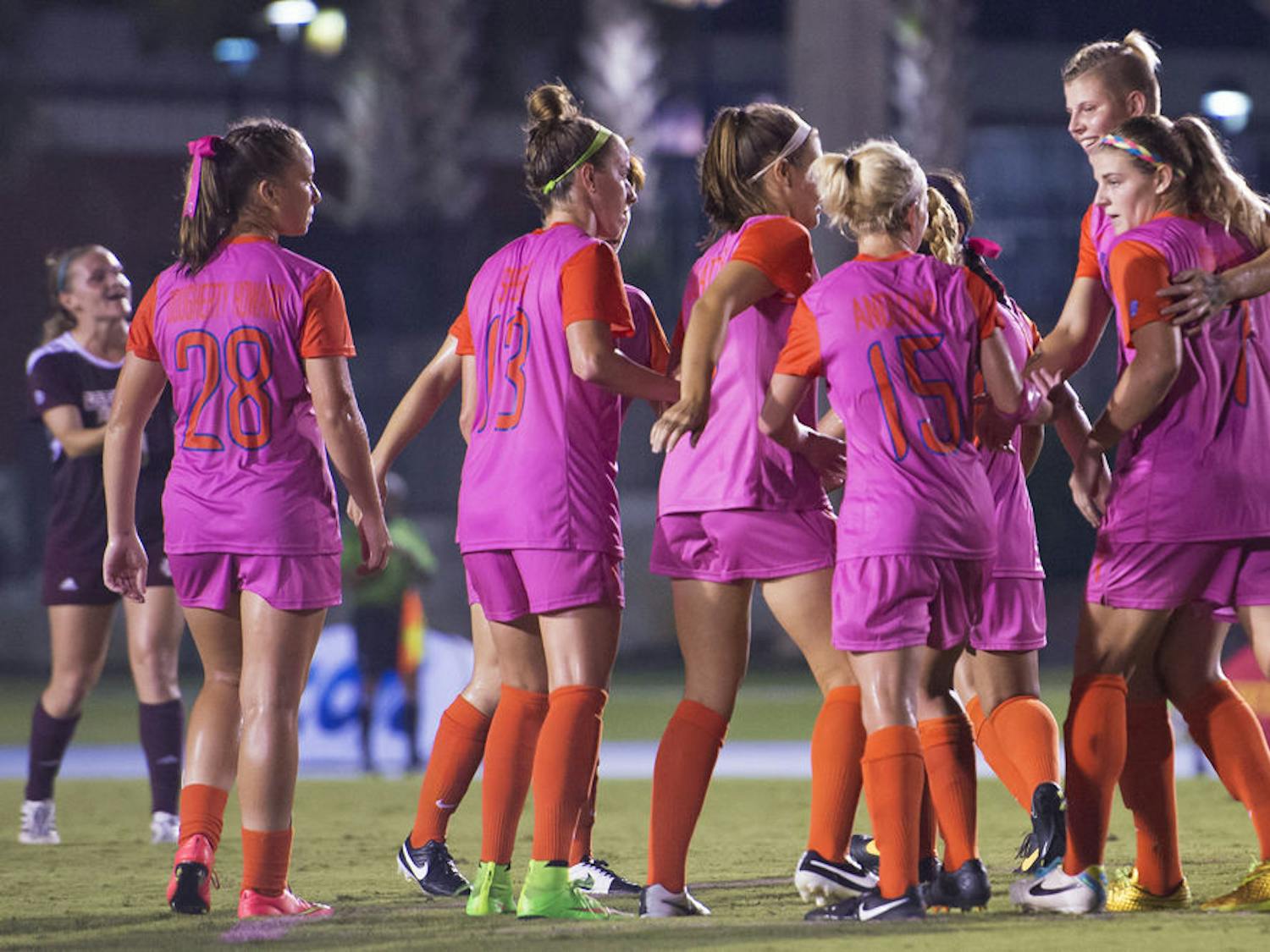 UF soccer players celebrate a goal during Florida's 5-1 win against Mississippi State on Friday at James G. Pressly Stadium.