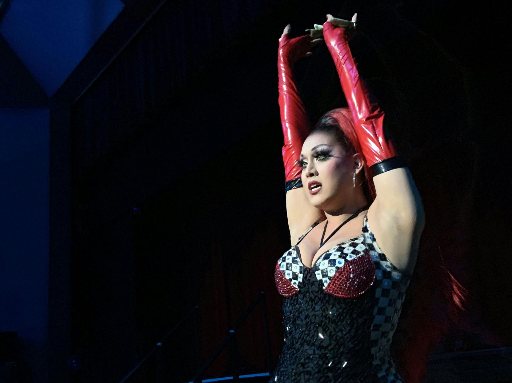 Faith Taylor, a Gainesville drag queen, performs “Shut Up and Drive” by Rihanna at the Phillips Center for the Performing Arts, at 3201 Hull Road, Saturday night. She was one of several drag queens who performed at “Resilience: A Drag Performance,” hosted by UF Pride Awareness Month. “We’re here to show you we don’t have to be a RuPaul girl to be fierce,” she told the audience.