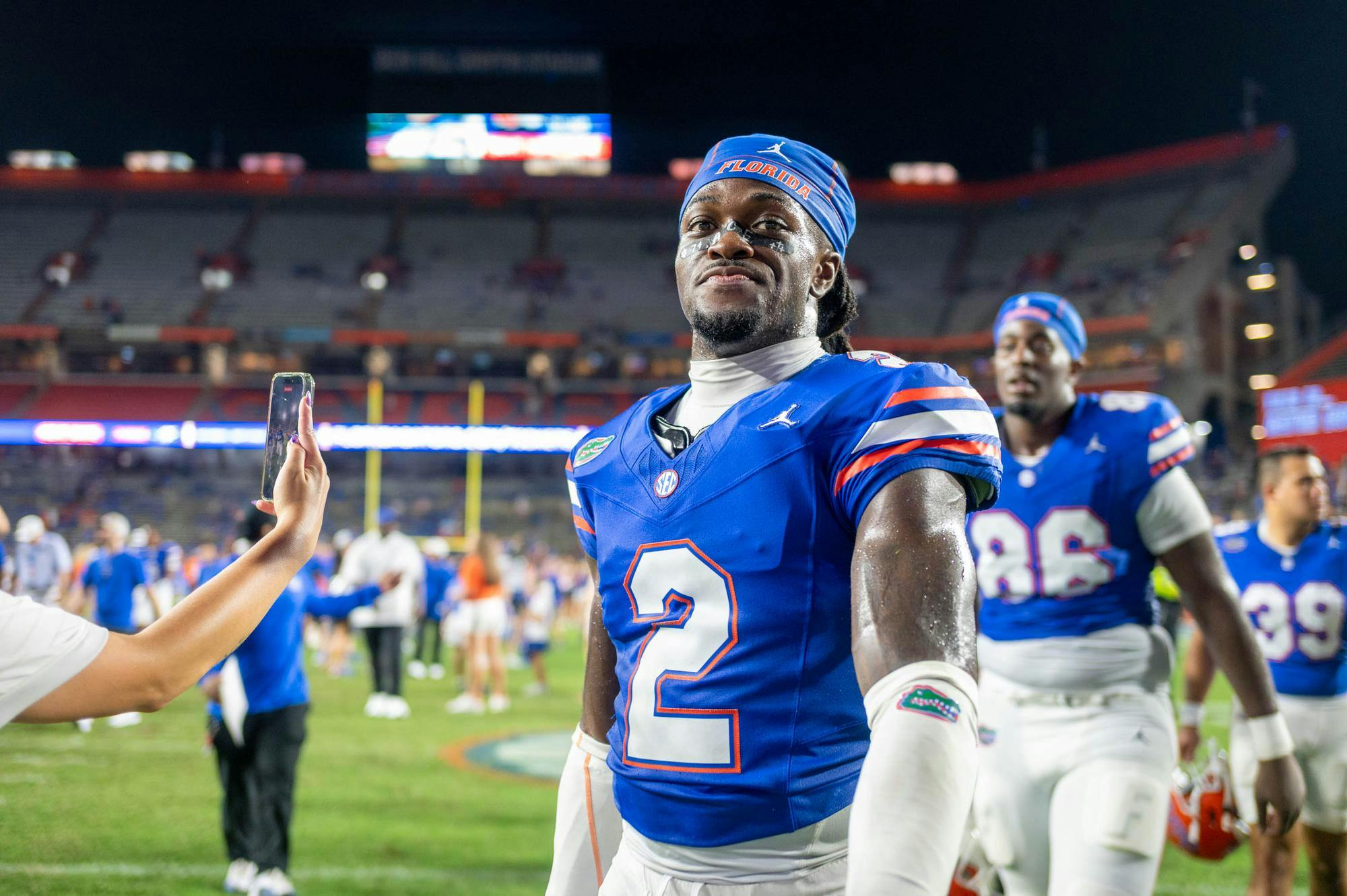 Florida wide receiver Eric Singleton Jr. (2) walks off the field after an NCAA college football game against FAU, Saturday, Sept. 5, 2026, in Gainesville, Fla.