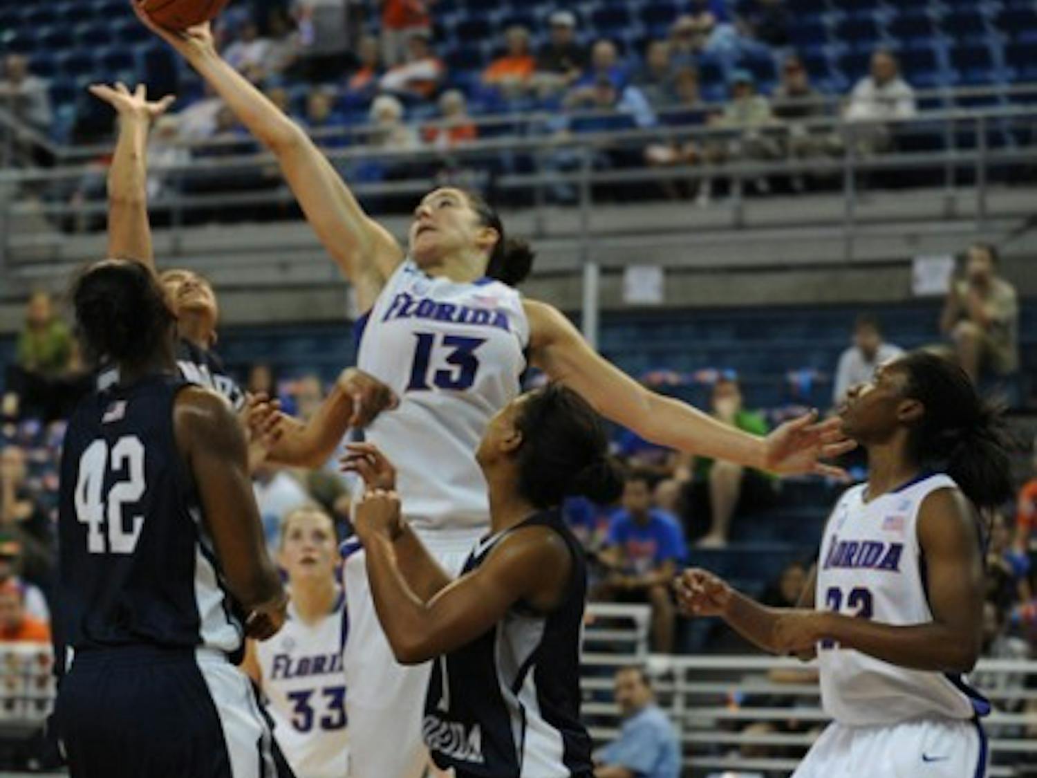Center Azania Stewart (13) said UF’s post players can build on last year’s strong rebounding effort.