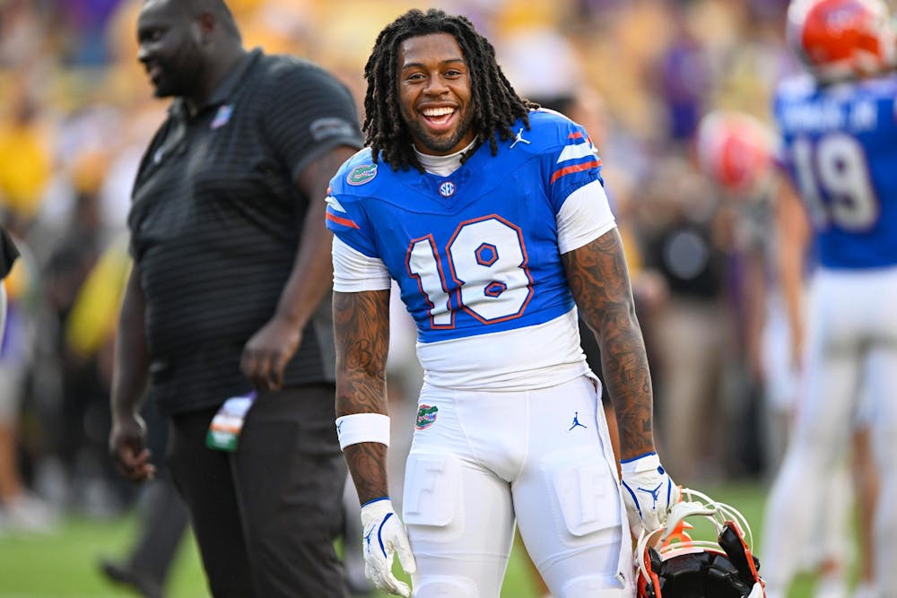 Florida Gators defensive back Bryce Thornton (18) sings during warmups before a football game between the Louisiana State Tigers and the Florida Gators on Saturday, Sept. 13th, 2025, at Tiger Stadium in Baton Rouge, La.
