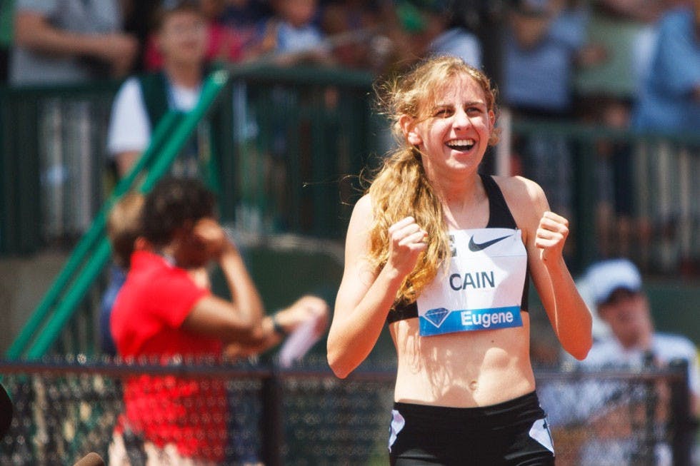 Mary Cain reacts to setting U.S.A. High School National record in the 800 meters with a time of 1:59.51 at the second day of the Prefontaine Classic. (Mason Trinca/Emerald)