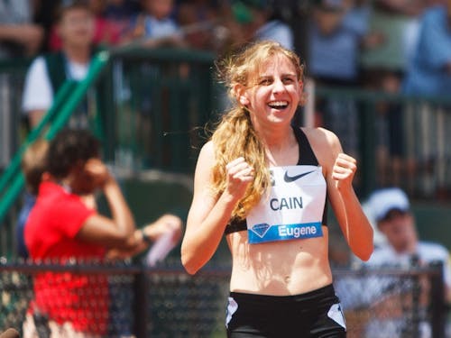 Mary Cain reacts to setting U.S.A. High School National record in the 800 meters with a time of 1:59.51 at the second day of the Prefontaine Classic. (Mason Trinca/Emerald)