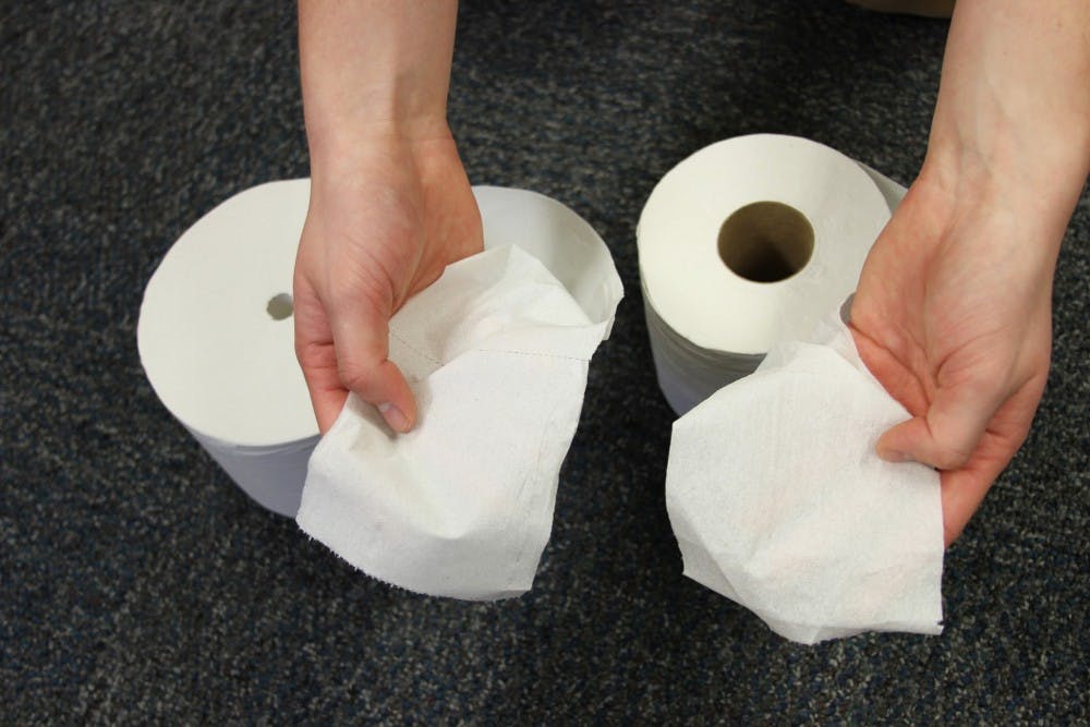  Due to perseverance by the ASUP Executive Board, two-ply toilet paper (pictured right) has replaced one-ply toilet paper in dorms. Although some students appreciate the change, ASUP senators discussed on Monday whether there is a significant difference between the two types of toilet paper. Photo by Hannah Baade