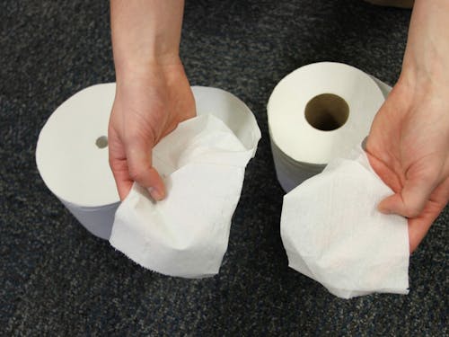  Due to perseverance by the ASUP Executive Board, two-ply toilet paper (pictured right) has replaced one-ply toilet paper in dorms. Although some students appreciate the change, ASUP senators discussed on Monday whether there is a significant difference between the two types of toilet paper. Photo by Hannah Baade