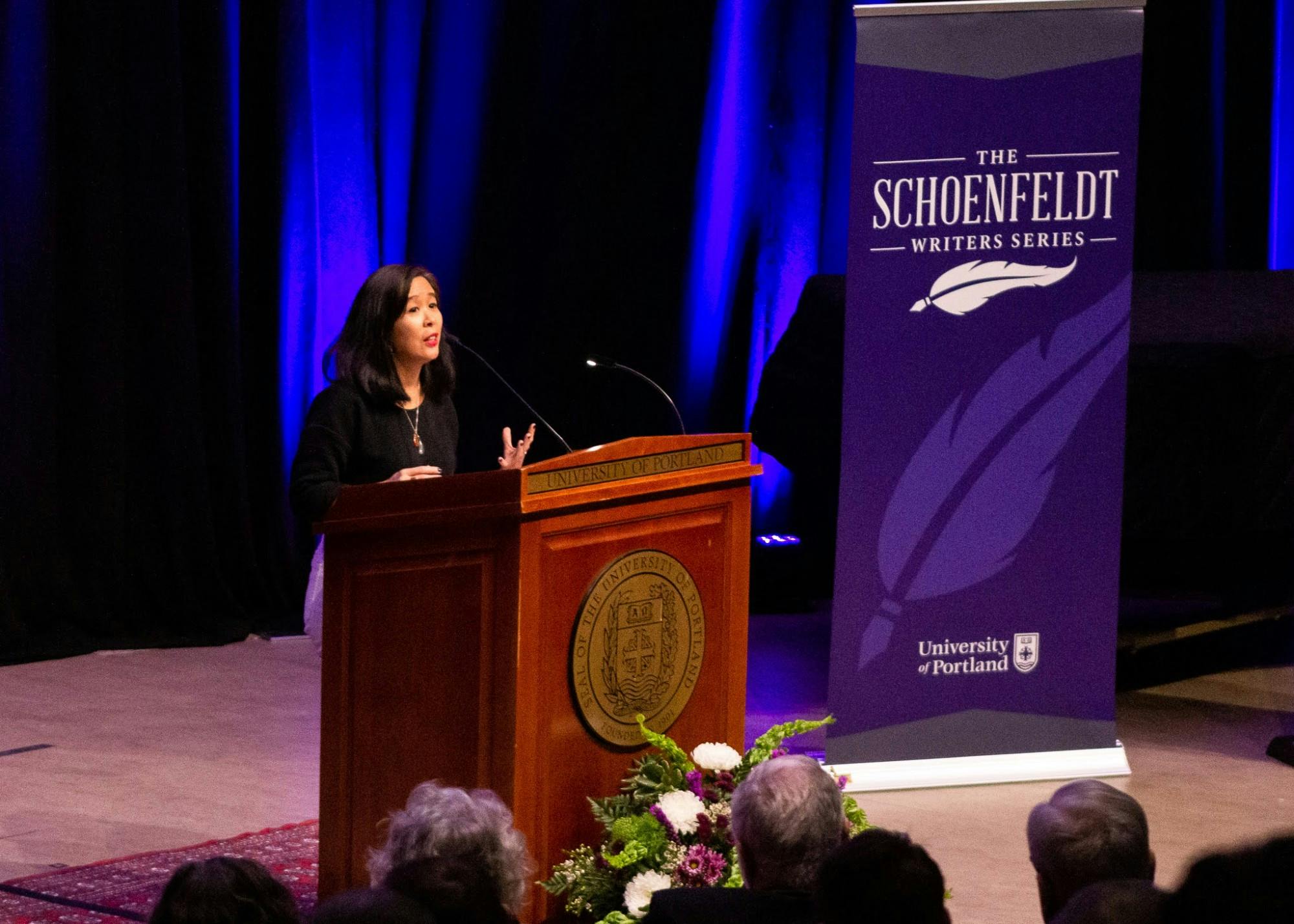 Lisa Ko, author of the 2020 ReadUP book "The Leavers," speaks to the gathered UP community about the rejection and failure she has faced in her career, the history of family separation in the U.S. and how stories can inspire people to take action.