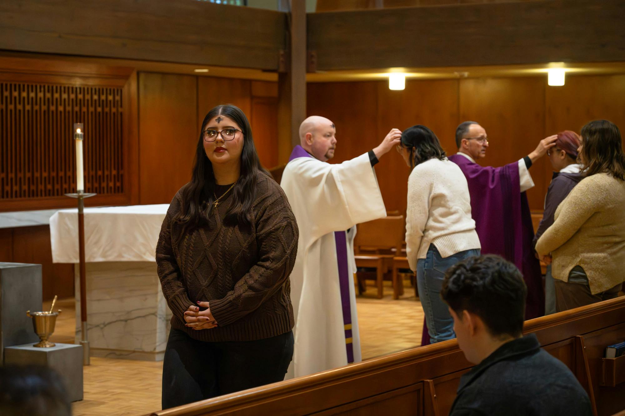Community members receive ashes during Ash Wednesday Mass in the Chapel of Christ the Teacher on Feb. 18, 2026.