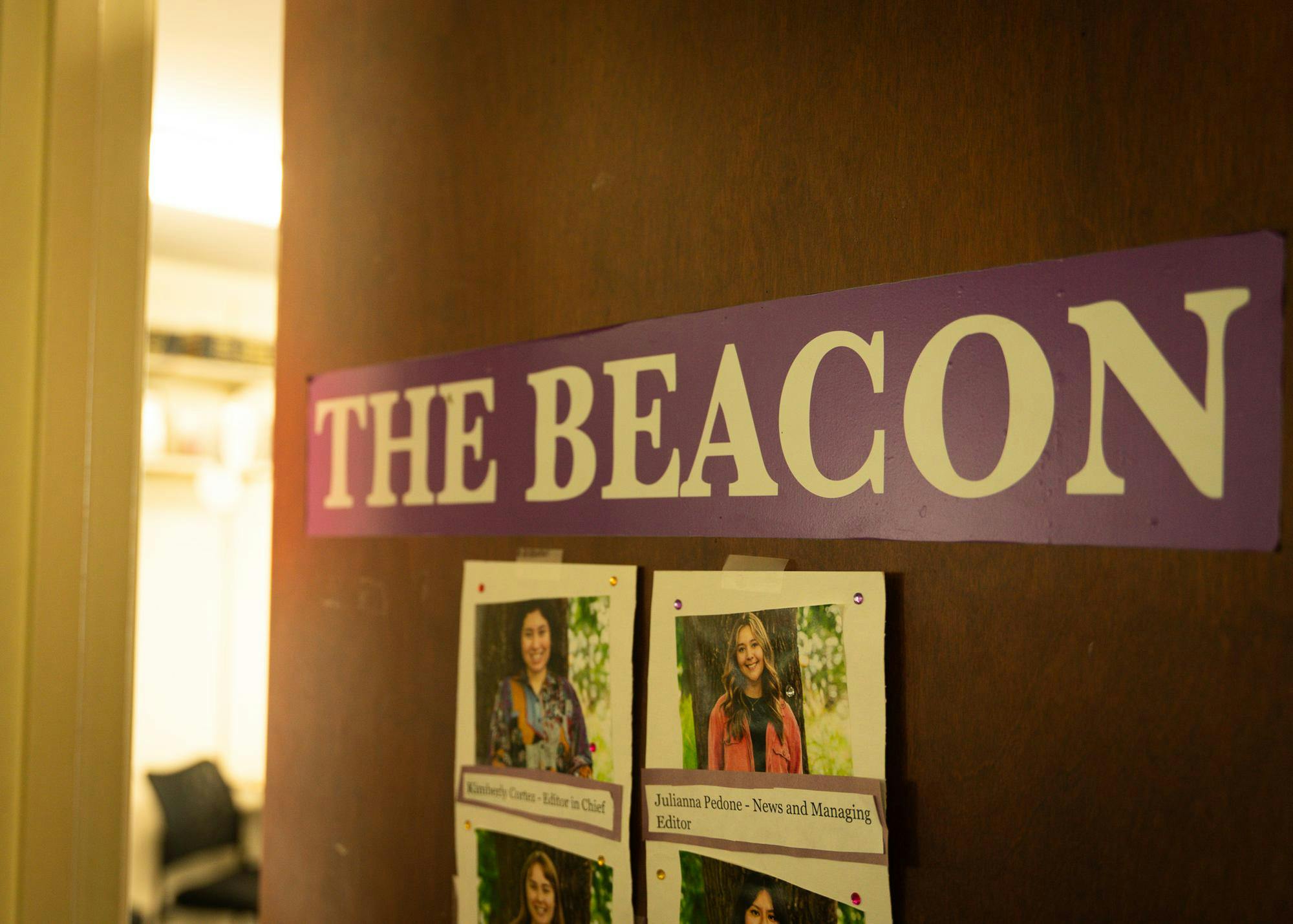 The Beacon's sign on the door to the newsroom. 