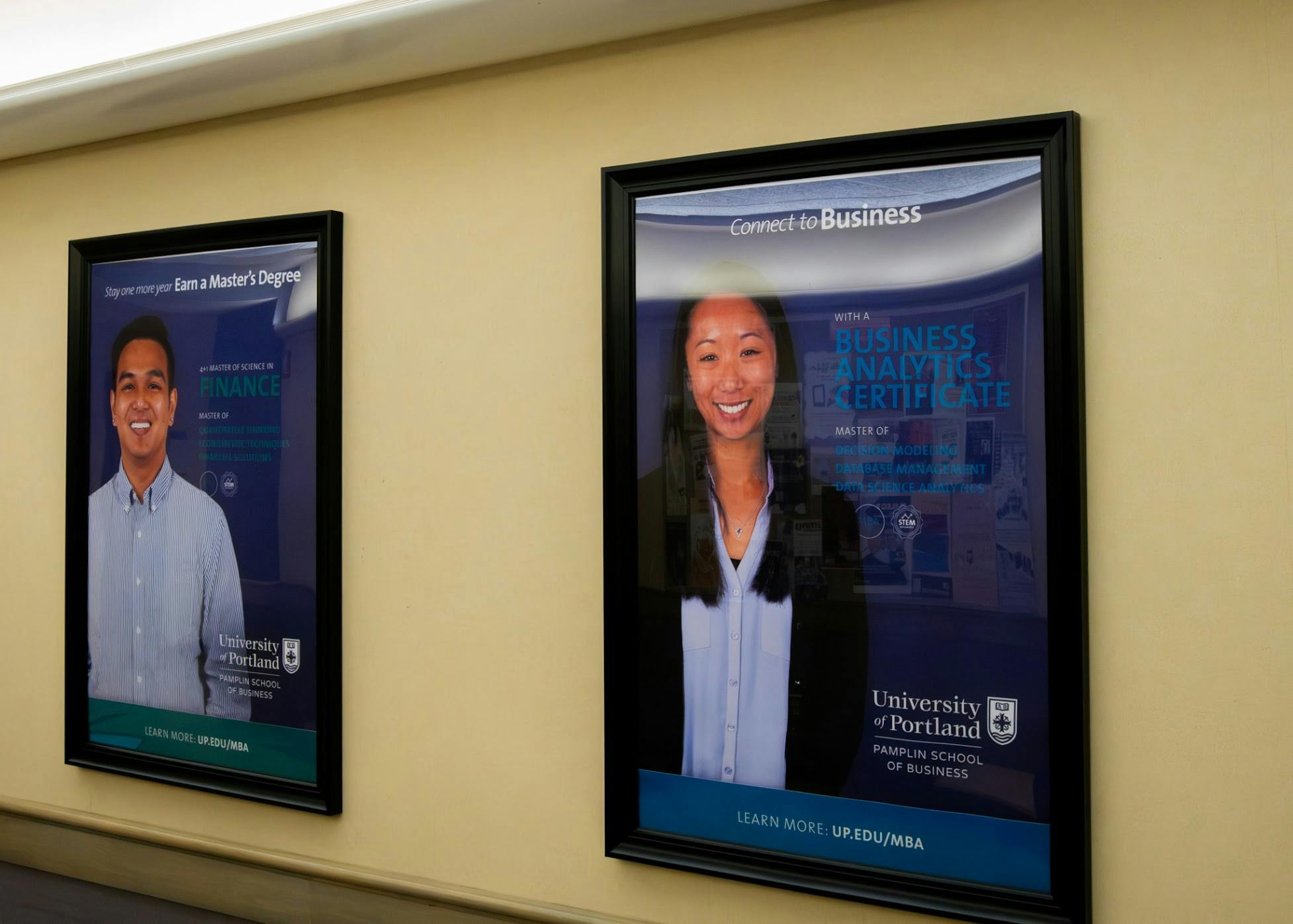 Posters for the School of Business promoting its various programs. The Pamplin name was removed from the School of Business in spring 2025.