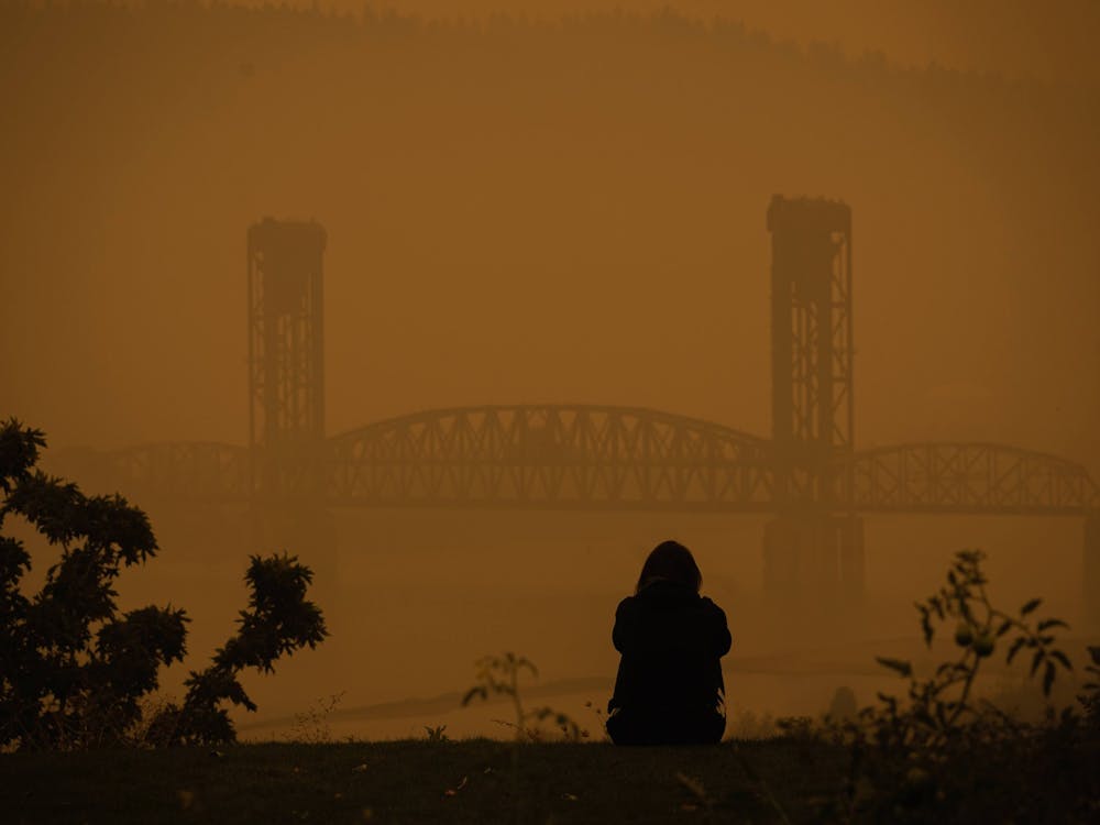 A lone figure stares out at the Burlington Railroad Bridge from The Bluff. Air in Portland will continue to be &quot;very unhealthy&quot; in the coming days.