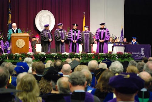  President Fr. Mark Poorman's inauguration was in the Chiles Center on Sept. 26, 2014. Smith's fatal fall occurred four days earlier while he was setting up for the event.
