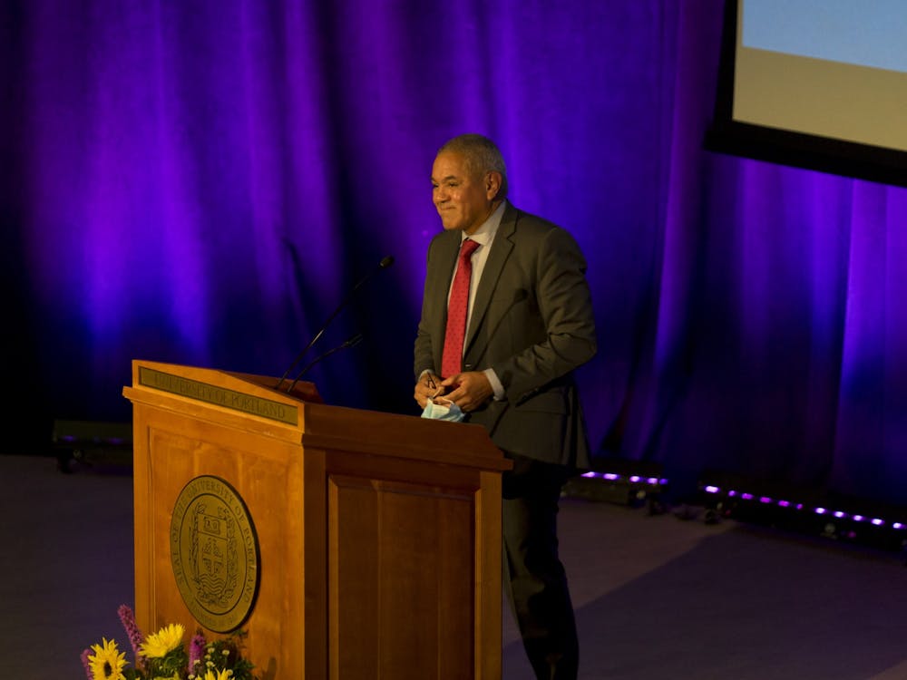 Acting University President and Provost Herbert Medina giving the annual convocation address.