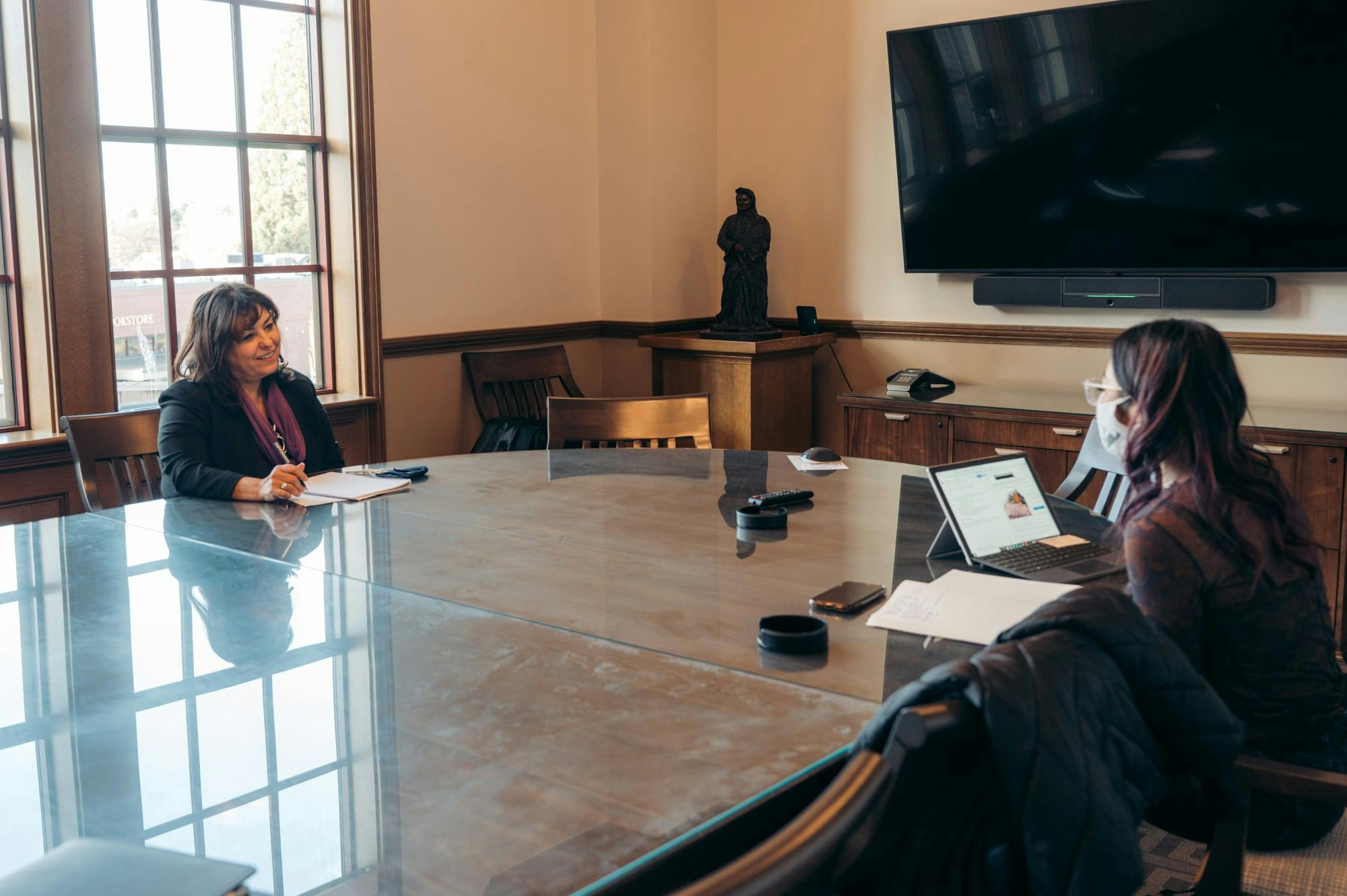 Dr. Ortiz being interviewed by Brienna Haro in the fall of 2021. Ortiz was permitted to take her mask off because due to the social distancing protocols in place.