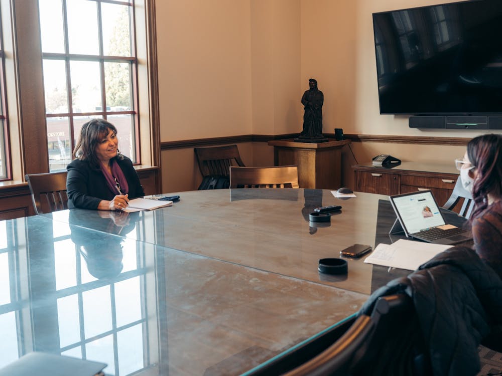 Dr. Ortiz being interviewed by Brienna Haro in the fall of 2021. Ortiz was permitted to take her mask off because due to the social distancing protocols in place.