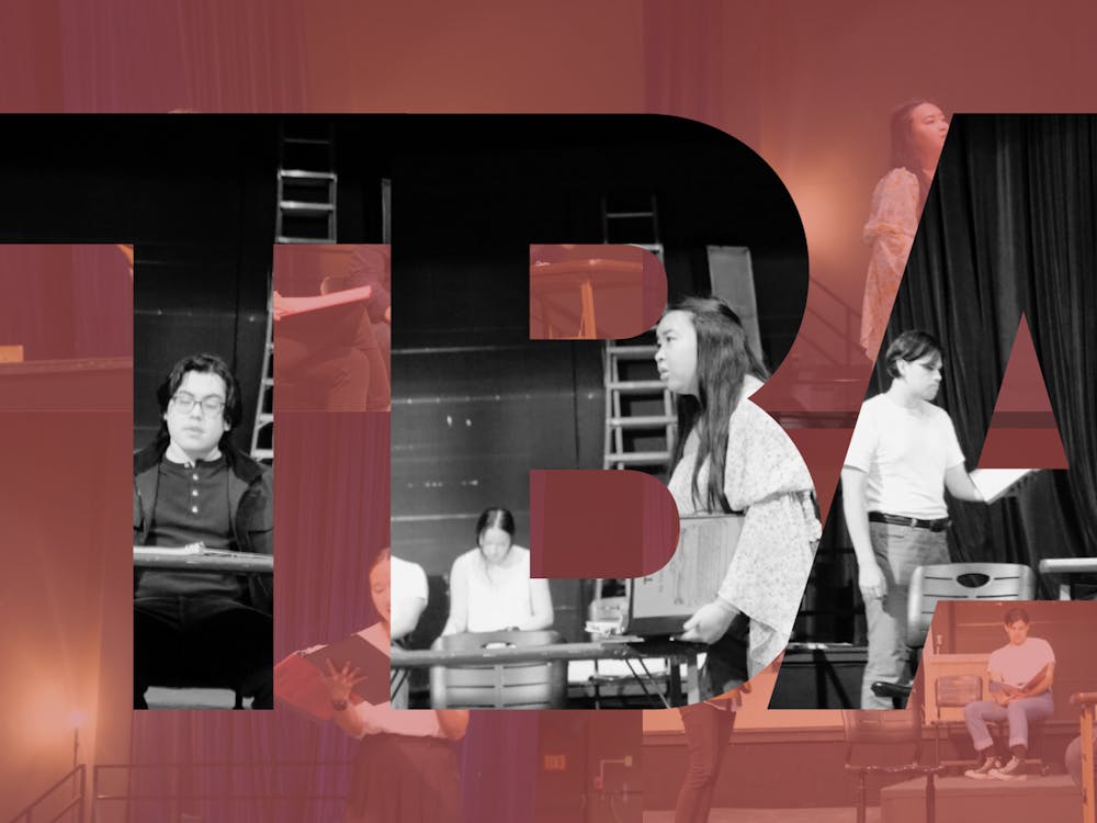 A graphic depicting students rehearsing on the Mago Hunt stage. "TBA" is directed by Reed Professor Barbie Wu and will be performed from Oct. 4 through Oct. 8. Photos by Jayme Mintz and graphic by Kate Cuadrado