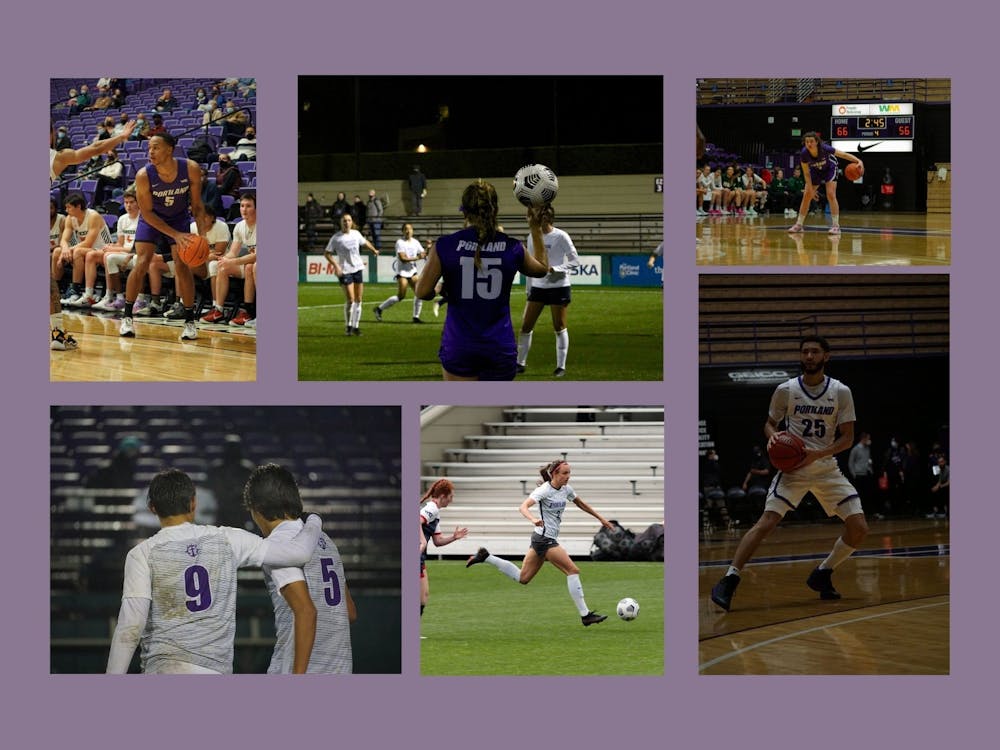 Sports at UP. Photos by Marek Corsello, Lisa Erenstein, Molly Lowney, and Emma Sells. Canva by Emma Sells.