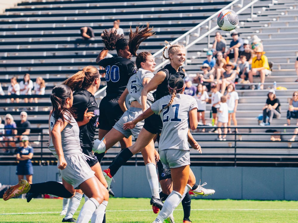 Kayla Adams wins a header in a game against UC Irvine.