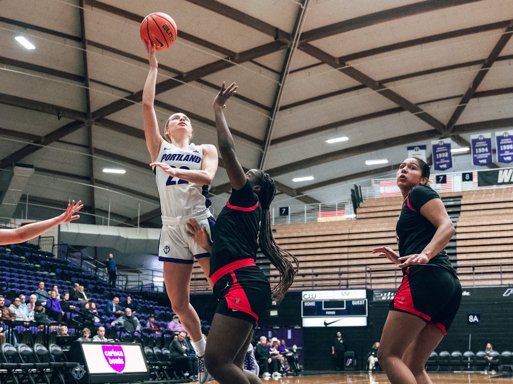 Freshman guard Rhyan Mogel goes up for a layup shot in the Women's Basketball home season opener against San Diego State. The Pilots won the game 72-58.