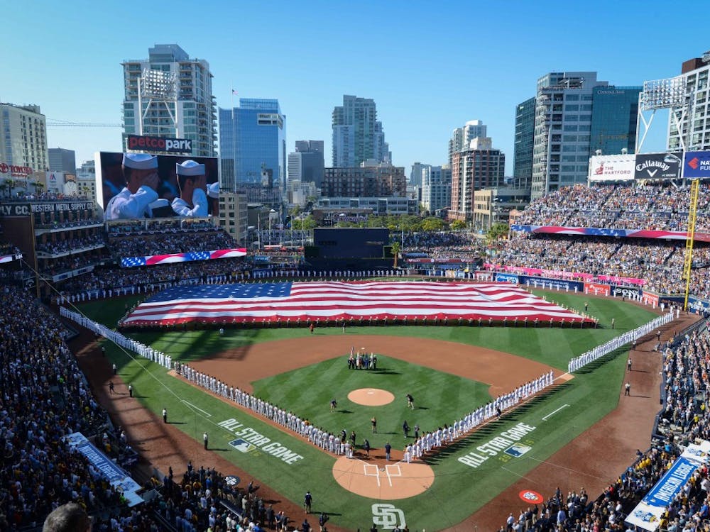 160712-N-NV908-496
SAN DIEGO (July 12, 2016) Sailors man the rails while Marines hold up the American flag during the pre-game ceremony of the 2016 Major League Baseball All-Star Game at Petco Park. Sailors from the aircraft carrier USS Theodore Roosevelt (CVN 71) and Marines from the 3rd Marine Aircraft Wing joined together to participate in a salute to the United States Armed Forces. (U.S. Navy photo by Mass Communication Specialist 3rd Class Chad M. Trudeau)
