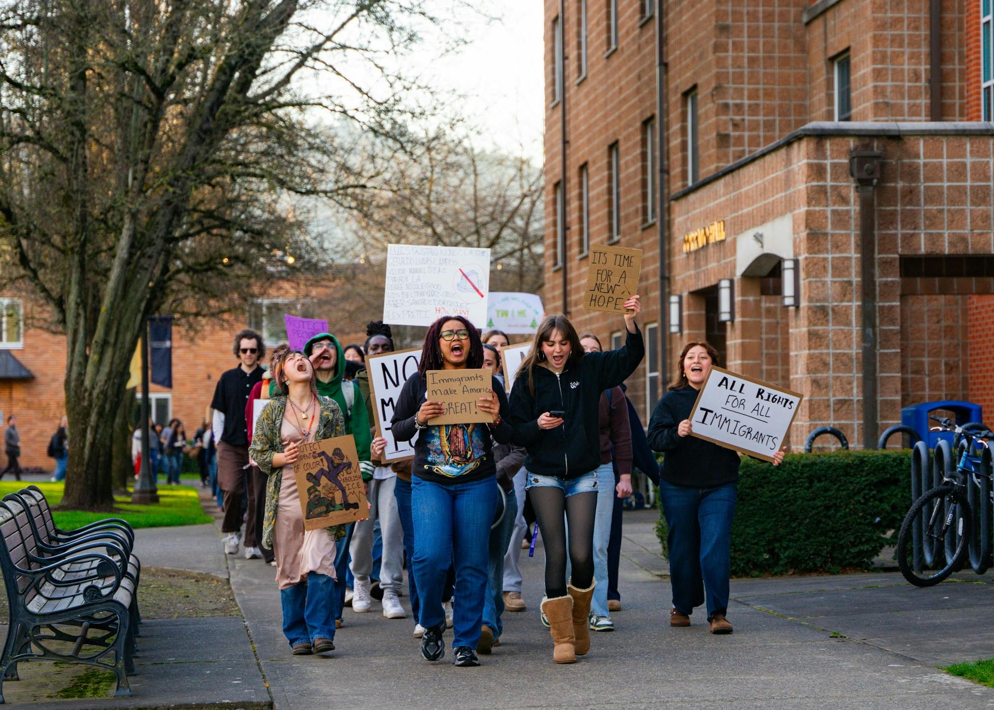 Students march around campus holding signs. On Feb. 5 there was a "Solidarity March" held on the University of Portland campus.