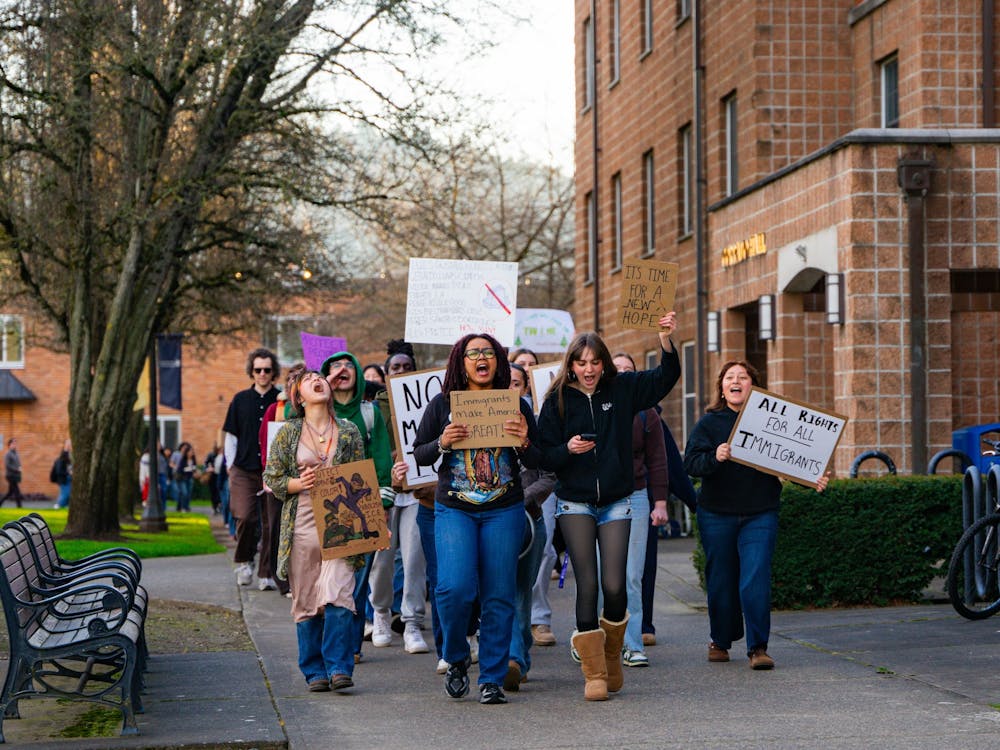 Students march around campus holding signs. On Feb. 5 there was a "Solidarity March" held on the University of Portland campus.
