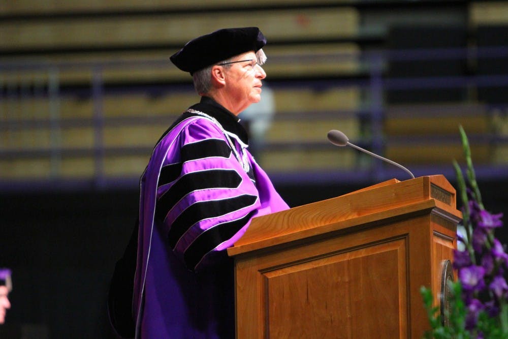  University President Fr. Mark Poorman gives his inaugural address Sept. 26 in the Chiles Center. Poorman, who took office July 1, said he hopes to expand the University’s campus and increase money for student scholarships. Photo by Alexandra Bush